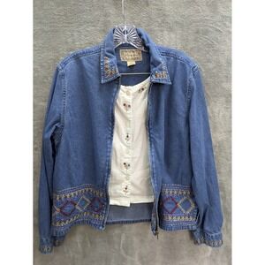 Vintage Layered Denim Shacket Women's‎ Large Floral Embroidered Cottagecore